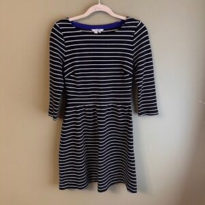 Boden Black White Striped Boat Neck 3/4 Sleeve Dress US 8 UK 12 Weighted Cotton